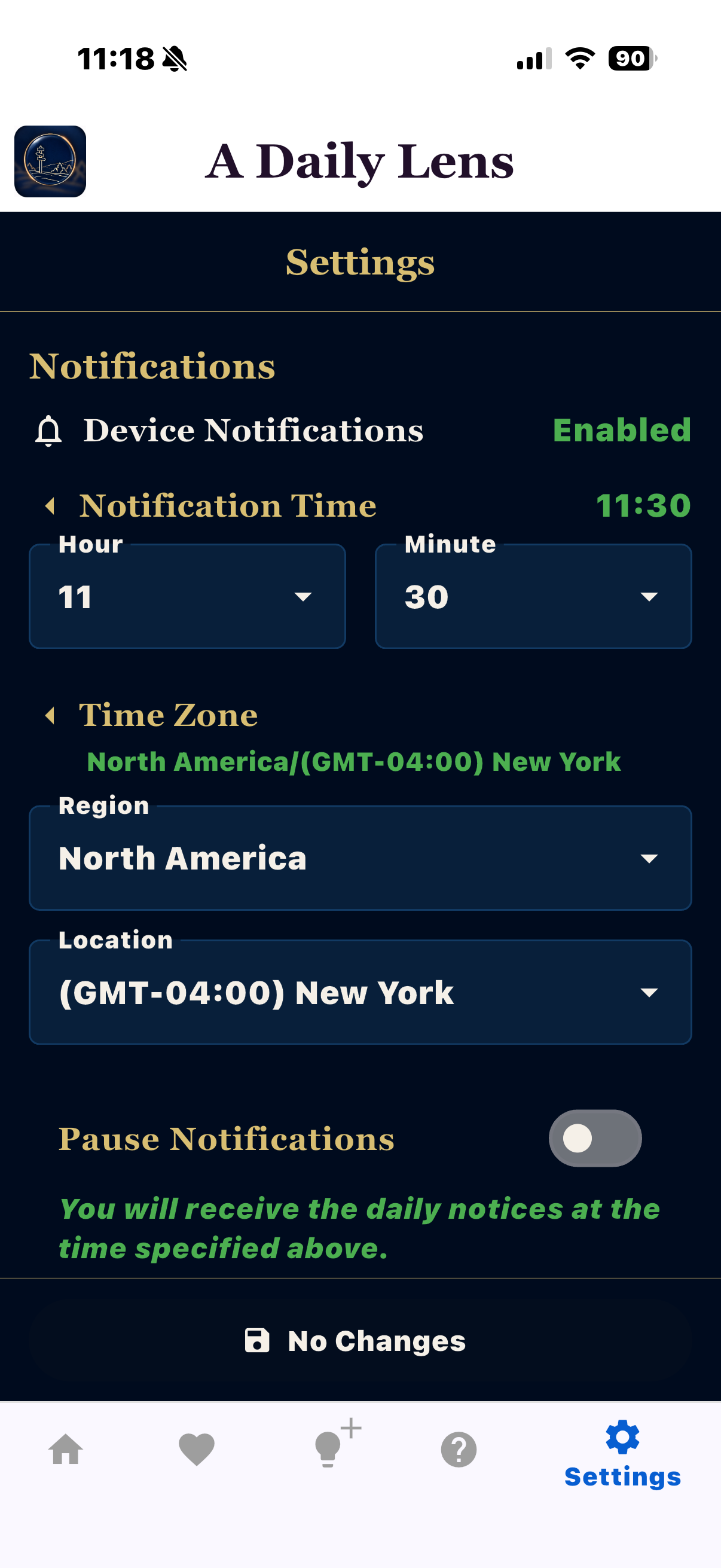 A Daily Lens settings screen